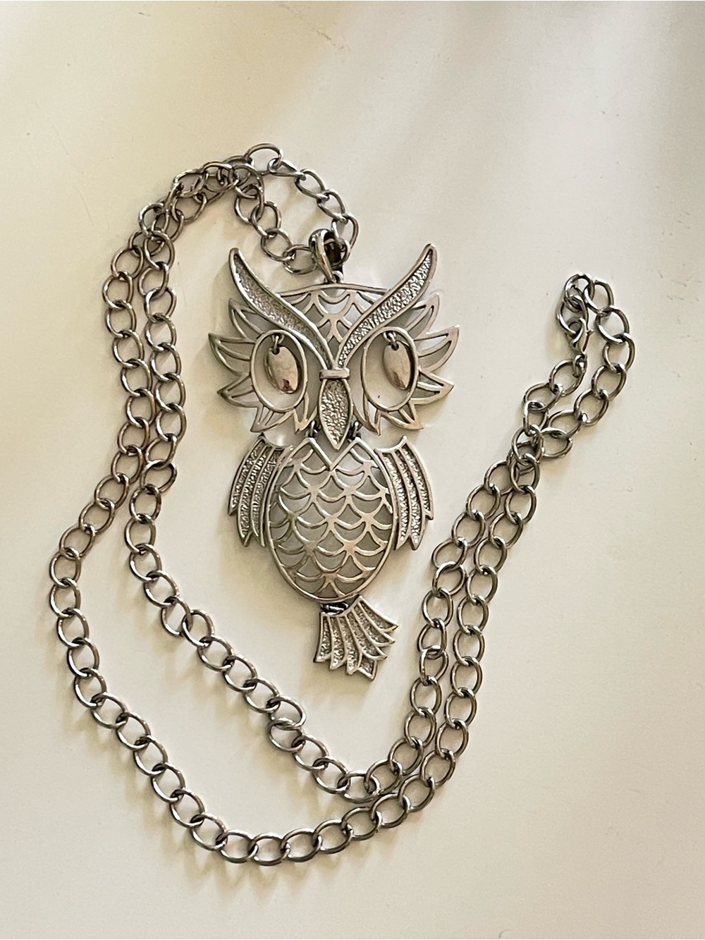 Vintage 70’ silver large, detailed owl with articulated parts - dangling eyes.